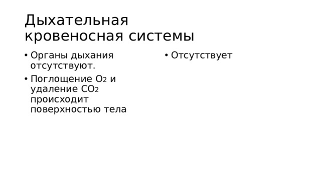 Дыхательная кровеносная системы Органы дыхания отсутствуют. Поглощение O 2  и удаление CO 2  происходит поверхностью тела Отсутствует 