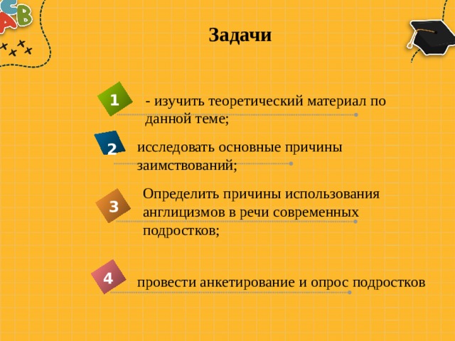Задачи - изучить теоретический материал по данной теме; 1 исследовать основные причины заимствований; 2 Определить причины использования англицизмов в речи современных подростков; 3 4 провести анкетирование и опрос подростков 