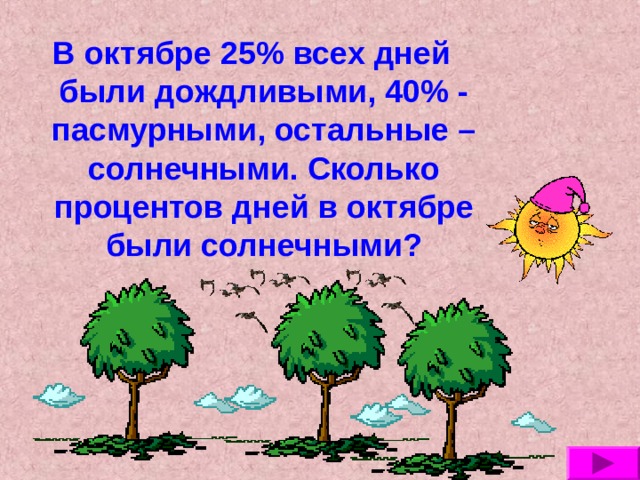 В октябре 25% всех дней были дождливыми, 40% - пасмурными, остальные – солнечными. Сколько процентов дней в октябре были солнечными? 