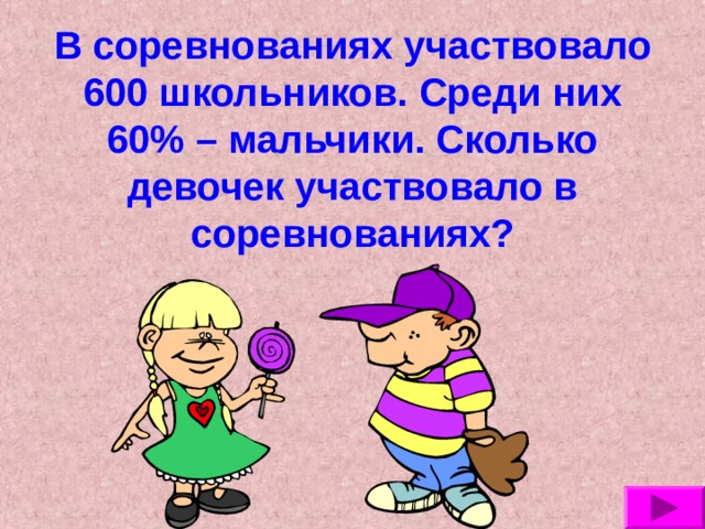 В соревнованиях участвовало 600 школьников. Среди них 60% – мальчики. Сколько девочек участвовало в соревнованиях? 