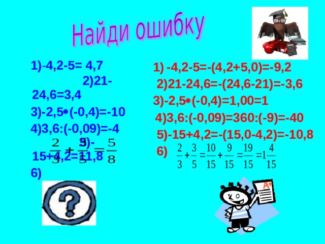  1) - 4,2-5= 4,7   2)21-24,6=3,4  3)-2,5  (-0,4)=-10  4)3,6:(-0,09)=-4  5)-15+4,2=11,8  6) 1)  -4,2-5=-(4,2+5,0)=-9,2  2)21-24,6=-(24,6-21)=-3,6 3)-2,5  (-0,4)=1,00=1  4)3,6:(-0,09)=360:(-9)=-40  5)-15+4,2=-(15,0-4,2)=-10,8  6)   