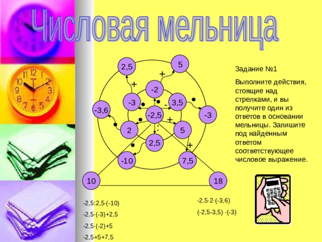 5 2,5 Задание №1 Выполните действия, стоящие над стрелками, и вы получите один из ответов в основании мельницы. Запишите под найденным ответом соответствующее числовое выражение. + + -2   -3 3,5  - -3,6 -3 -2,5  +  : 2 5 2,5 +  7,5 -10 18 10 -2,5 · 2 · (-3,6) (-2,5-3,5) · (-3) -2,5:2,5 · (-10) -2,5 · (-3)+2,5 -2,5 · (-2)+5 -2,5+5+7,5 4 