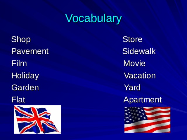 Vocabulary Shop Store Pavement Sidewalk Film Movie Holiday Vacation Garden Yard Flat Apartment 