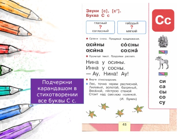 Подчеркни карандашом в стихотворении все буквы С с. 