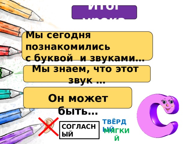 Итог урока Мы сегодня познакомились с буквой и звуками… Мы знаем, что этот звук … Он может быть… ТВЁРДЫЙ СОГЛАСНЫЙ МЯГКИЙ 