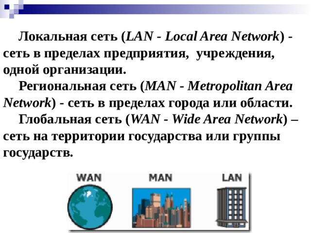 Локальная сеть ( LAN - Local Area Network ) - сеть в пределах предприятия, учреждения, одной организации. Региональная сеть ( MAN - Metropolitan Area Network ) - сеть в пределах города или области. Глобальная сеть ( WAN - Wide Area Network ) – сеть на территории государства или группы государств.  
