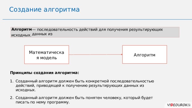 Создание алгоритма Алгоритм — последовательность действий для получения результирующих данных из исходных. Алгоритм Математическая модель Принципы создания алгоритма:  Созданный алгоритм должен быть конкретной последовательностью действий, приводящей к получению результирующих данных из исходных. Созданный алгоритм должен быть понятен человеку, который будет писать по нему программу. 