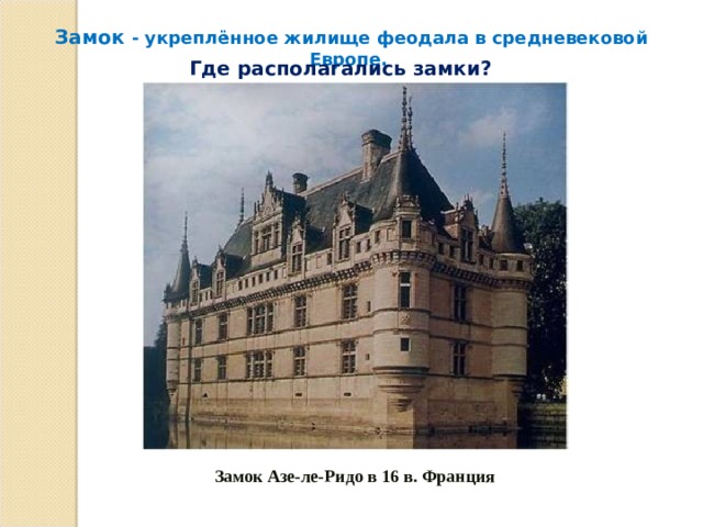  Замок - укреплённое жилище феодала в средневековой Европе. Где располагались замки? Замок Азе-ле-Ридо в 16 в. Франция 