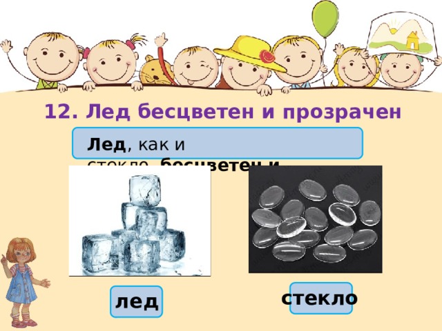 12. Лед бесцветен и прозрачен Лед , как и стекло,  бесцветен и прозрачен. стекло лед 