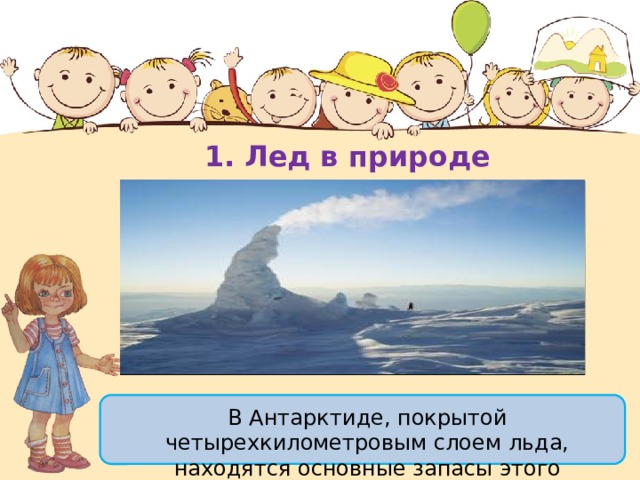 1. Лед в природе В Антарктиде, покрытой четырехкилометровым слоем льда, находятся основные запасы этого вещества на Зе мле. 