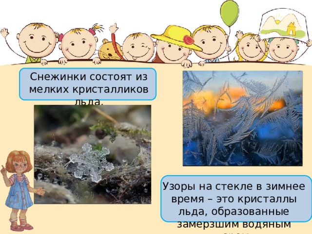 Снежинки состоят из мелких кристалликов льда. Узоры на стекле в зимнее время – это кристаллы льда, образованные замерзшим водяным паром. 