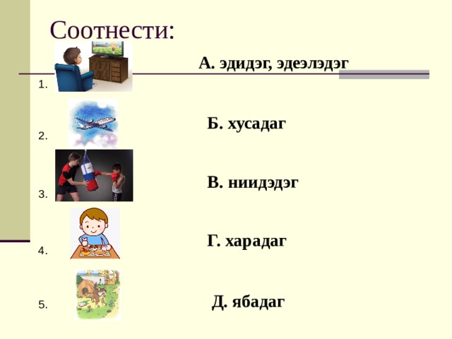 Соотнести: А. эдидэг, эдеэлэдэг 1. Б. хусадаг 2. В. ниидэдэг 3. Г. харадаг 4. Д. ябадаг 5. 