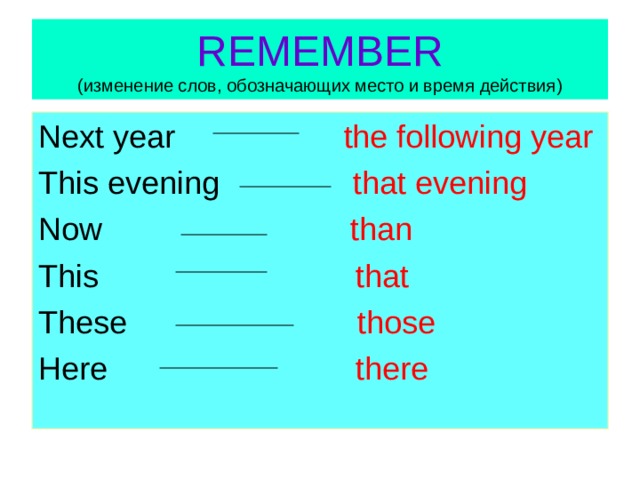 REMEMBER  ( изменение слов, обозначающих место и время действия ) Next year the following year This evening that evening Now than This that These those Here there 
