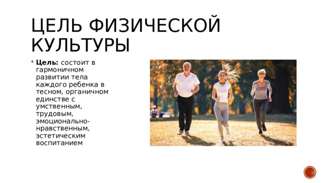 Цель физической культуры Цель: состоит в гармоничном развитии тела каждого ребенка в тесном, органичном единстве с умственным, трудовым, эмоционально-нравственным, эстетическим воспитанием 