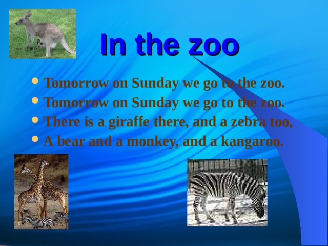 On sunday. Tomorrow on Sunday we go to the Zoo. We are going to the Zoo. We go we go we go to the Zoo. Стих i go to the Zoo.