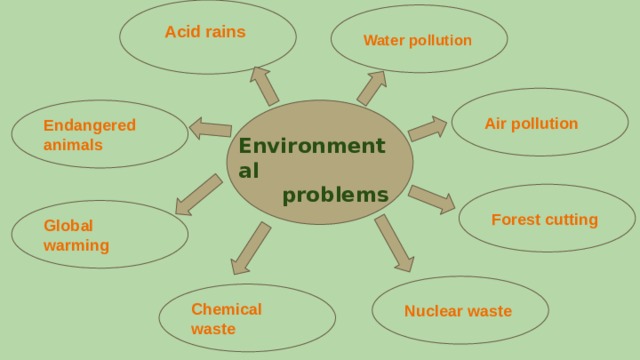     Water pollution Acid rains Air pollution Endangered animals Environmental  problems Forest cutting Global warming Nuclear waste Chemical waste 