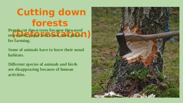 Cutting down forests (Deforestation)    People cut down trees because they need more food, paper and wood , new places for farming. Some of animals have to leave their usual habitats. Different species of animals and birds are disappearing because of human activities. 