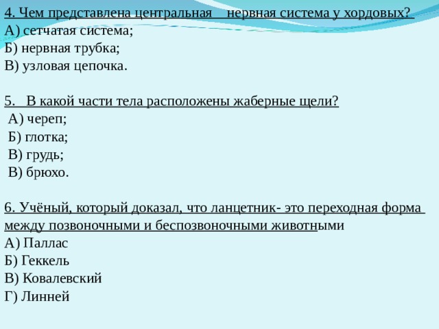 4. Чем представлена центральная нервная система у хордовых? А) сетчатая система; Б) нервная трубка; В) узловая цепочка. 5.   В какой части тела расположены жаберные щели?   А) череп;  Б) глотка;  В) грудь;  В) брюхо. 6. Учёный, который доказал, что ланцетник- это переходная форма между позвоночными и беспозвоночными животн ыми А) Паллас Б) Геккель В) Ковалевский Г) Линней 