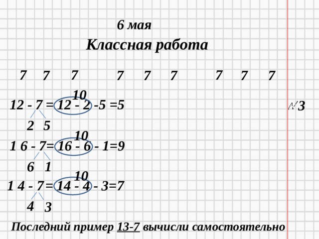 6 мая Классная работа 7 7 7 7 7 7 7 7 7 10 = 12 - 2 -5 =5 12 - 7 3 5 2 10  = 16 - 6 - 1=9 1 6 - 7 6 1 10  = 14 - 4 - 3=7 1 4 - 7 4 3 Последний пример 13-7 вычисли самостоятельно 11/26/20  