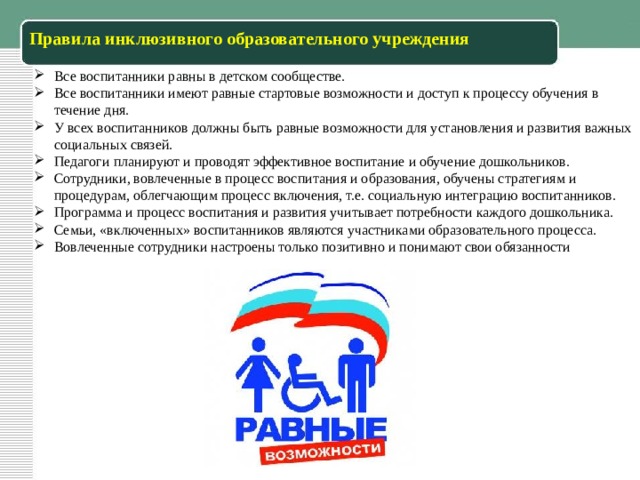 Правила инклюзивного образовательного учреждения Все воспитанники равны в детском сообществе. Все воспитанники имеют равные стартовые возможности и доступ к процессу обучения в течение дня. У всех воспитанников должны быть равные возможности для установления и развития важных социальных связей. Педагоги планируют и проводят эффективное воспитание и обучение дошкольников. Сотрудники, вовлеченные в процесс воспитания и образования, обучены стратегиям и процедурам, облегчающим процесс включения, т.е. социальную интеграцию воспитанников. Программа и процесс воспитания и развития учитывает потребности каждого дошкольника. Семьи, «включенных» воспитанников являются участниками образовательного процесса. Вовлеченные сотрудники настроены только позитивно и понимают свои обязанности 