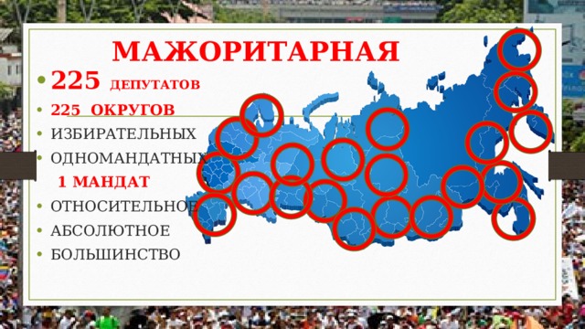 МАЖОРИТАРНАЯ 225 ДЕПУТАТОВ  225 ОКРУГОВ ИЗБИРАТЕЛЬНЫХ ОДНОМАНДАТНЫХ  1 МАНДАТ ОТНОСИТЕЛЬНОЕ АБСОЛЮТНОЕ БОЛЬШИНСТВО 