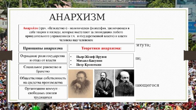 АНАРХИЗМ  освобождение человека от любых видов власти. уничтожение государства как общественного института; свободу печати, собраний, союзов; абсолютную автономию самоуправляющихся общин; упразднение государственной церкви; свобода совести; ликвидации права наследования; создания фонда общественного воспитания, занимающегося детьми вплоть до их совершеннолетия.  