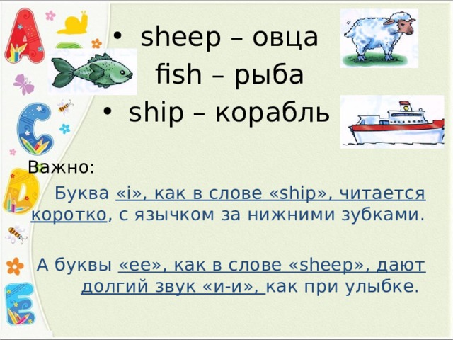 sheep – овца fish – рыба ship – корабль Важно: Буква «i», как в слове «ship», читается коротко , с язычком за нижними зубками. А буквы «ee», как в слове «sheep», дают долгий звук «и-и», как при улыбке. 
