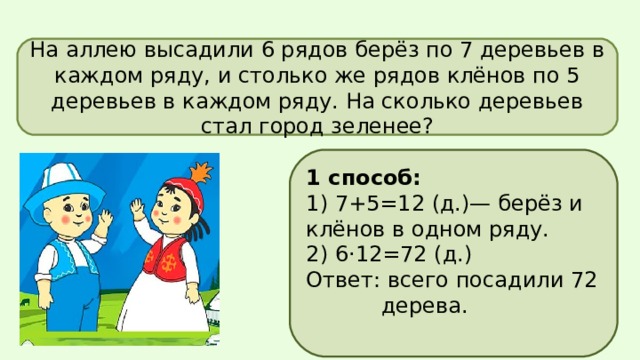 На аллею высадили 6 рядов берёз по 7 деревьев в каждом ряду, и столько же рядов клёнов по 5 деревьев в каждом ряду. На сколько деревьев стал город зеленее? 1 способ: 1) 7+5=12 (д.)— берёз и клёнов в одном ряду. 2) 6·12=72 (д.) Ответ: всего посадили 72  дерева. 