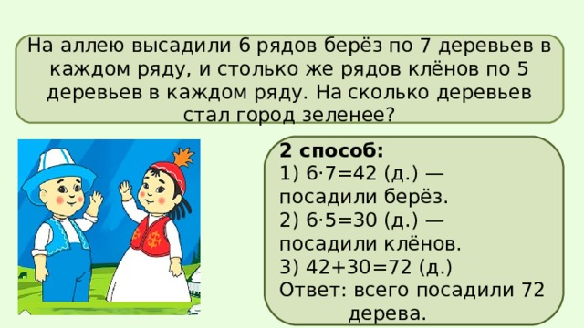 На аллею высадили 6 рядов берёз по 7 деревьев в каждом ряду, и столько же рядов клёнов по 5 деревьев в каждом ряду. На сколько деревьев стал город зеленее? 2 способ: 1) 6·7=42 (д.) — посадили берёз. 2) 6·5=30 (д.) — посадили клёнов. 3) 42+30=72 (д.) Ответ: всего посадили 72  дерева. 