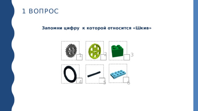 1 ВОПРОС    Запомни цифру к которой относится «Шкив» 2 3 1 4 5 6 