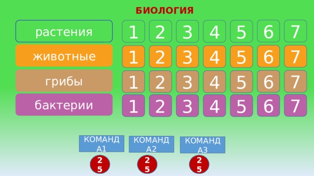 БИОЛОГИЯ 6 7 растения 1 2 3 4 5 животные 7 6 4 5 3 2 1 грибы 6 7 1 2 3 4 5 бактерии 7 6 5 1 4 2 3 КОМАНДА1 КОМАНДА2 КОМАНДА3 25 3 5 2 1 23 24 22 21 20 19 18 17 16 4 22 6 17 25 24 23 14 21 20 19 18 16 7 15 14 13 12 11 10 9 8 15 23 13 8 15 14 13 12 11 10 9 7 17 6 5 4 3 2 1 16 18 12 4 11 10 9 8 7 6 5 3 19 2 1 25 24 22 21 20  