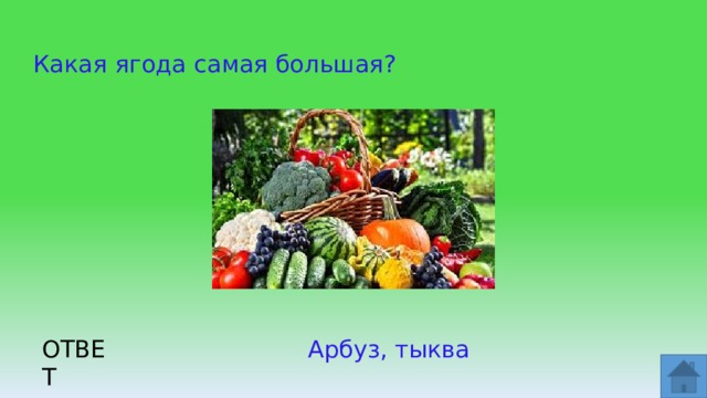 Какая ягода самая большая? ОТВЕТ Арбуз, тыква  