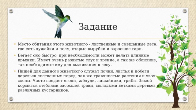 Задание Место обитания этого животного - лиственные и смешанные леса, где есть лужайки и поля, старые вырубки и заросшие гари. Бегает оно быстро, при необходимости может делать длинные прыжки. Имеет очень развитые слух и зрение, а так же обоняние, так необходимые ему для выживания в лесу. Пищей для данного животного служат почки, листья и побеги деревьев лиственных пород, так же травянистые растения и хвоя сосны. Часто поедает ягоды, жёлуди, лишайники, грибы. Зимой кормится стеблями засохшей травы, молодыми ветками деревьев и различных кустарников. 