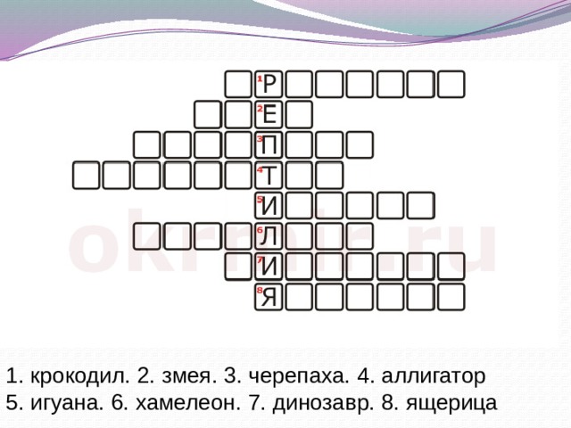 1. крокодил. 2. змея. 3. черепаха. 4. аллигатор  5. игуана. 6. хамелеон. 7. динозавр. 8. ящерица 