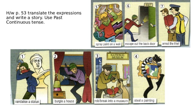 H/w p. 53 translate the expressions and write a story. Use Past Continuous tense. 