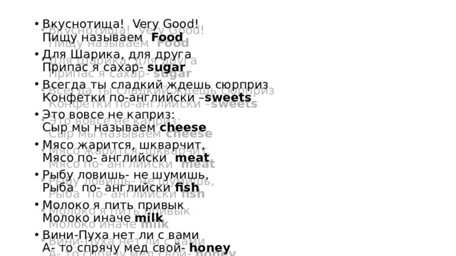 Вкуснотища!  Very Good!   Пищу называем   Food Для Шарика, для друга   Припас я сахар-  sugar Всегда ты сладкий ждешь сюрприз   Конфетки по-английски – sweets Это вовсе не каприз:   Сыр мы называем  cheese Мясо жарится, шкварчит,  Мясо по- английски   meat Рыбу ловишь- не шумишь,  Рыба  по- английски  fish Молоко я пить привык   Молоко иначе  milk Вини-Пуха нет ли с вами  А- то спрячу мед свой-  honey 