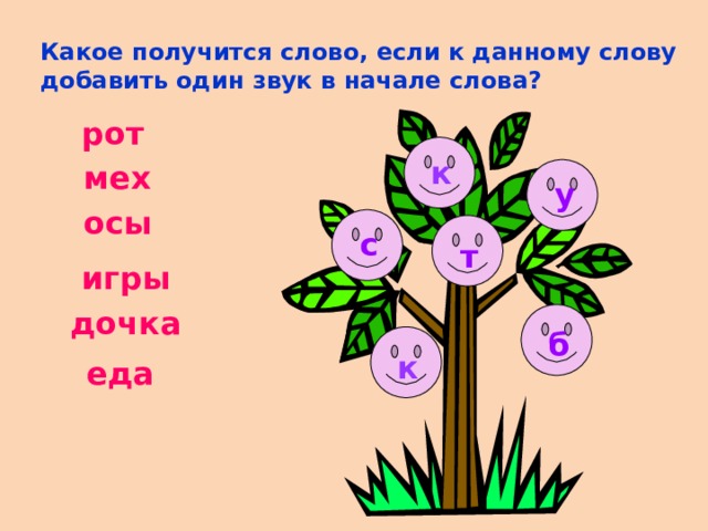 Какое получится слово, если к данному слову добавить один звук в начале слова? рот к мех у осы с т игры дочка б к еда 