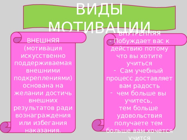 ВИДЫ МОТИВАЦИИ ВНЕШНЯЯ (мотивация искусственно поддерживаемая внешними подкреплениями) основана на желании достичь внешних результатов ради вознаграждения или избегания наказания. ВНУТРЕННЯЯ - Побуждает вас к действию потому что вы хотите учиться  Сам учебный процесс доставляет вам радость  чем больше вы учитесь, тем больше удовольствия получаете тем больше вам хочется учится  