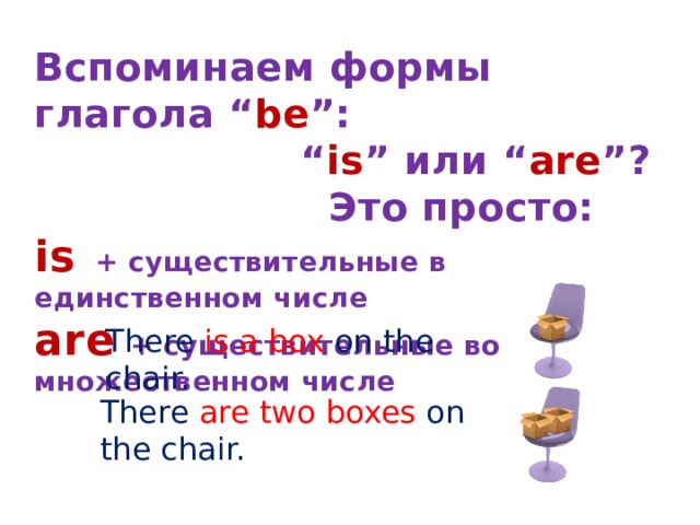Вспоминаем формы глагола “ be ”: “ is ” или “ are ”?  Это просто: is + существительные в единственном числе are  + существительные во множественном числе       There  is  a box on the chair. There  are  two boxes on the chair. 