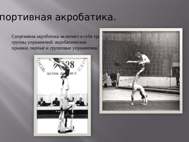 Спортивная акробатика. Спортивная акробатика включает в себя три группы упражнений: акробатические прыжки, парные и групповые упражнения. 