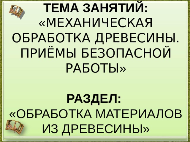 ТЕМА ЗАНЯТИЙ:  « МЕХАНИЧЕСКАЯ ОБРАБОТКА ДРЕВЕСИНЫ. ПРИЁМЫ БЕЗОПАСНОЙ РАБОТЫ »   РАЗДЕЛ:  «ОБРАБОТКА МАТЕРИАЛОВ ИЗ ДРЕВЕСИНЫ» http://aida.ucoz.ru 