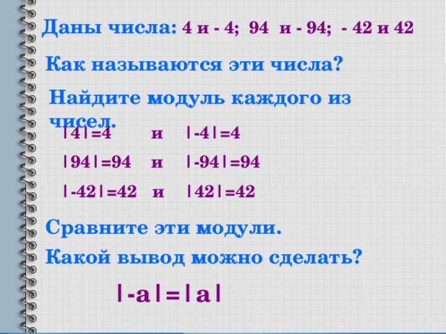 Даны числа: 4 и - 4; 94 и - 94; - 42 и 42 Как называются эти числа? Найдите модуль каждого из чисел. |4|=4 и |-4|=4 |94|=94 и |-94|=94 |-42|=42 и |42|=42 Сравните эти модули. Какой вывод можно сделать? |-а|=|a|  