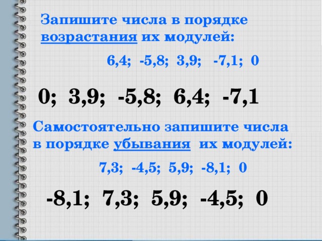 Запишите числа в порядке возрастания их модулей:  6,4; -5,8; 3,9; -7,1; 0 0; 3,9; -5,8; 6,4; -7,1 Самостоятельно запишите числа в порядке убывания их модулей:  7,3; -4,5; 5,9; -8,1; 0 -8,1; 7,3; 5,9; -4,5; 0 