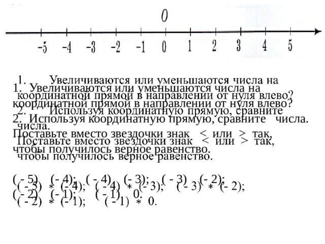 1.  Увеличиваются или уменьшаются числа на координатной прямой в направлении от нуля влево?  2.  Используя координатную прямую, сравните числа.  Поставьте вместо звездочки знак  так,  чтобы получилось верное равенство.   ( - 5) (- 4); ( - 4) (- 3); ( - 3) (- 2);  ( - 2) (- 1); ( - 1) 0.    