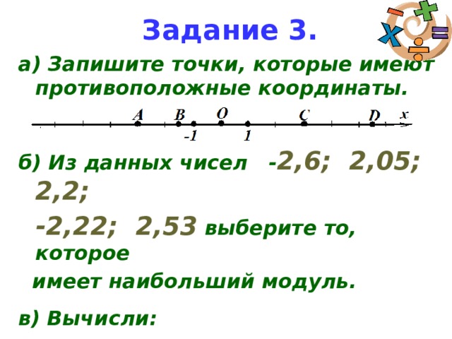 Задание 3. а) Запишите точки, которые имеют противоположные координаты.   б) Из данных чисел - 2,6; 2,05; 2,2;  -2,22; 2,53 выберите то, которое  имеет наибольший модуль.  в) Вычисли: |-4| ∙ 1,5; 34 - |- 16|; |+23| + |-8|. 