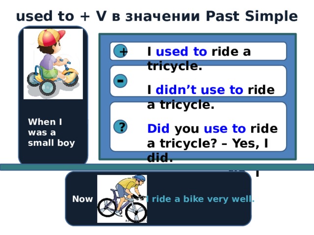 used to + V в значении Past Simple I used to ride  a tricycle.  I didn’t use to ride  a tricycle.  Did you use to ride a tricycle? – Yes, I did.  No, I didn’t +  When I was a small boy ? Now I ride a bike very well. 
