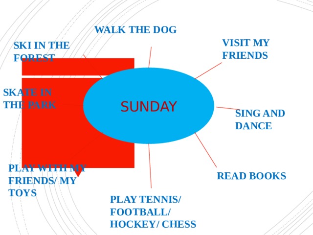 WALK THE  DOG VISIT MY FRIENDS SKI IN THE FOREST SUNDAY SKATE IN THE PARK SING AND DANCE PLAY WITH MY FRIENDS/ MY TOYS READ BOOKS PLAY TENNIS/ FOOTBALL/ HOCKEY/ CHESS 