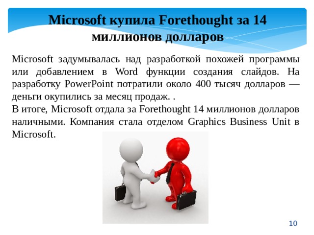 Microsoft купила Forethought за 14 миллионов долларов Microsoft задумывалась над разработкой похожей программы или добавлением в Word функции создания слайдов. На разработку PowerPoint потратили около 400 тысяч долларов — деньги окупились за месяц продаж. .  В итоге, Microsoft отдала за Forethought 14 миллионов долларов наличными. Компания стала отделом Graphics Business Unit в Microsoft.  