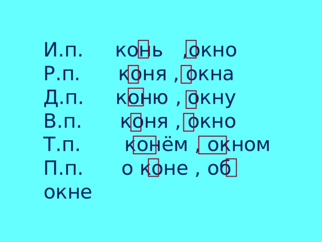 И.п. конь ,окно Р.п. коня , окна Д.п. коню , окну В.п. коня , окно Т.п. конём , окном П.п. о коне , об окне 