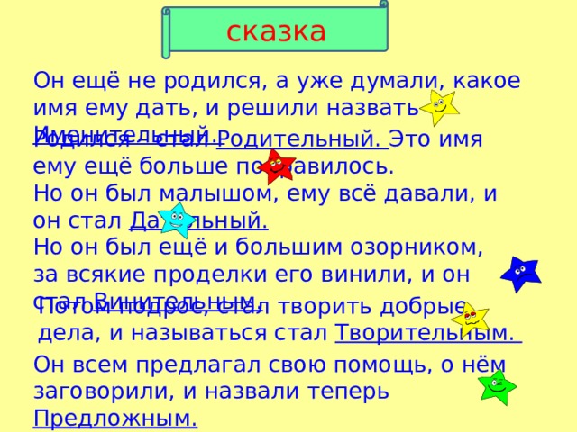 сказка Он ещё не родился, а уже думали, какое имя ему дать, и решили назвать Именительный. Родился – стал Родительный. Это имя ему ещё больше понравилось. Но он был малышом, ему всё давали, и он стал Дательный. Но он был ещё и большим озорником, за всякие проделки его винили, и он стал Винительным. Потом подрос, стал творить добрые дела, и называться стал Творительным. Он всем предлагал свою помощь, о нём заговорили, и назвали теперь Предложным. 
